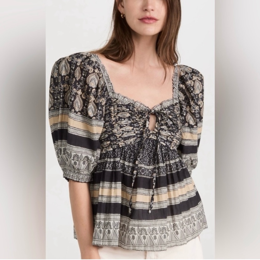 NWT Sea New York Tasha Print Romantic Bohemian Black Cream Top Puff Sleeve Sz S
